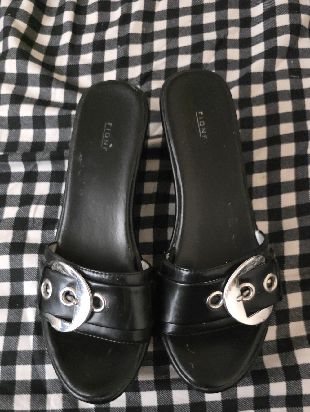 FIONI Clothing Black Slide Mules with Silver Crescent Buckles Size 9